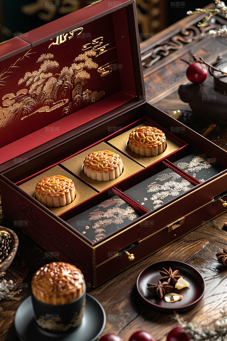 中秋月饼礼盒广式月饼美味摄影图