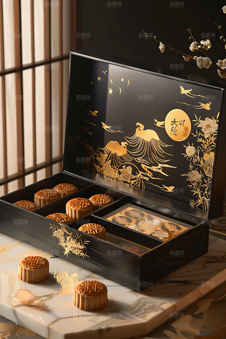 中秋月饼礼盒美味文化摄影图