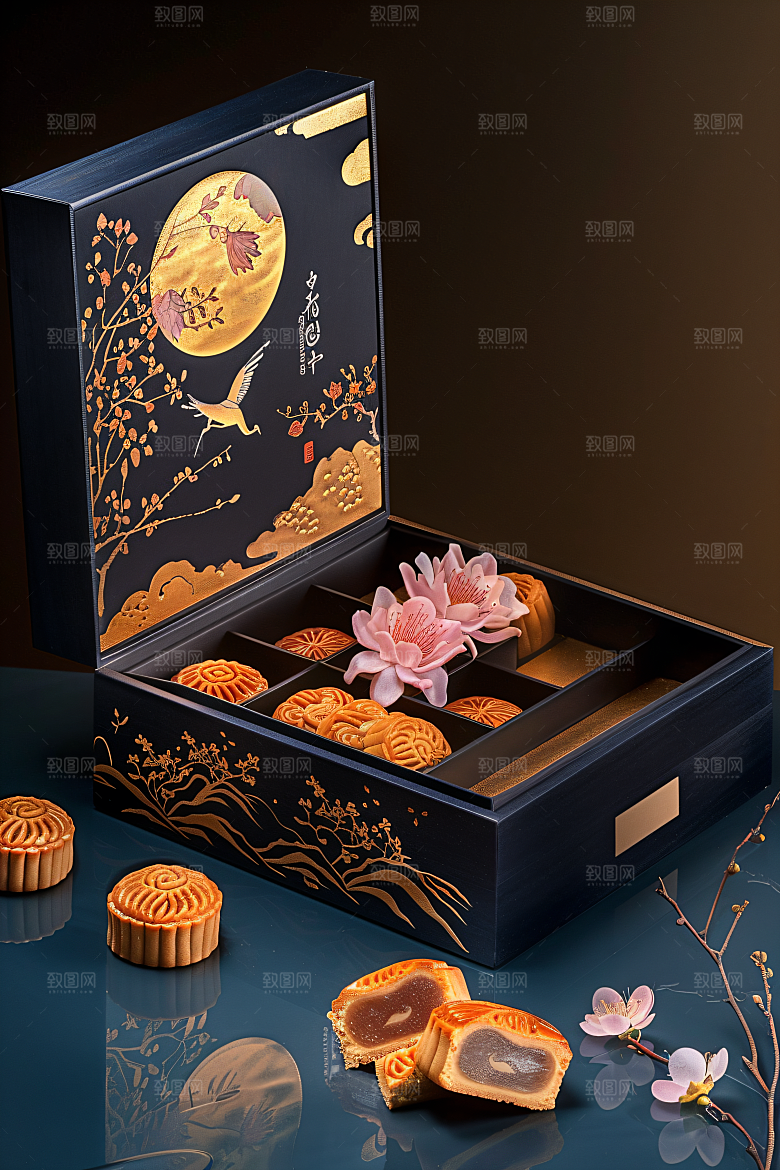中秋月饼礼盒精致文化摄影图