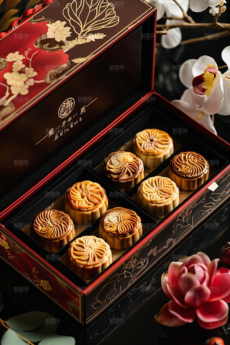 中秋月饼礼盒中秋节精致摄影图
