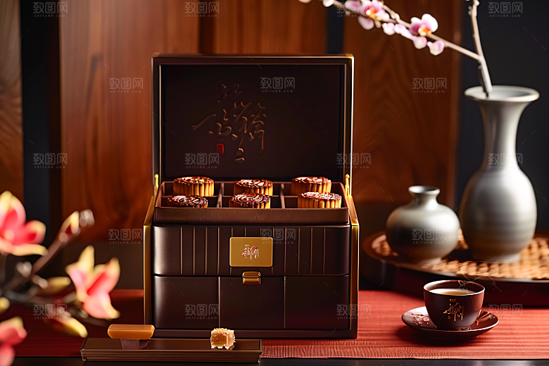 中秋月饼礼盒传统美食高清摄影图