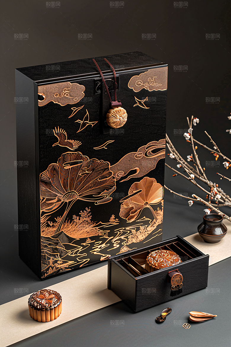 中秋月饼礼盒广式月饼精致摄影图