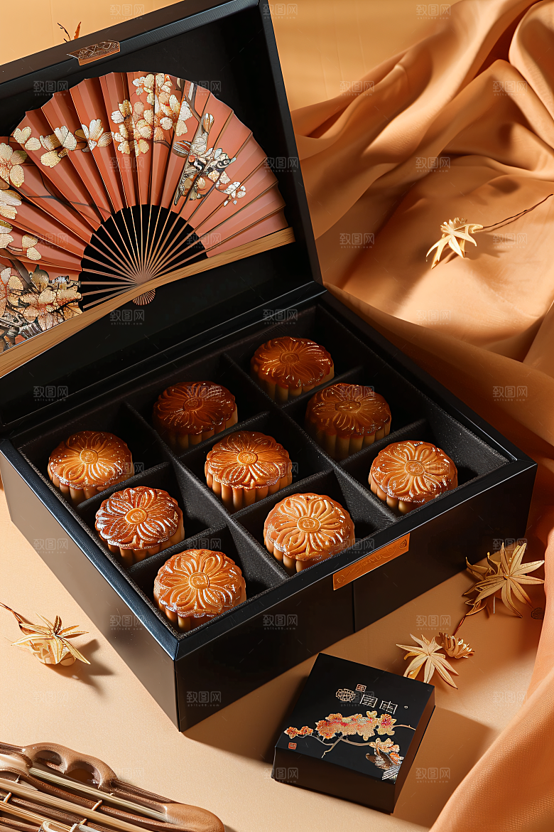 中秋月饼礼盒莲蓉月饼精致摄影图
