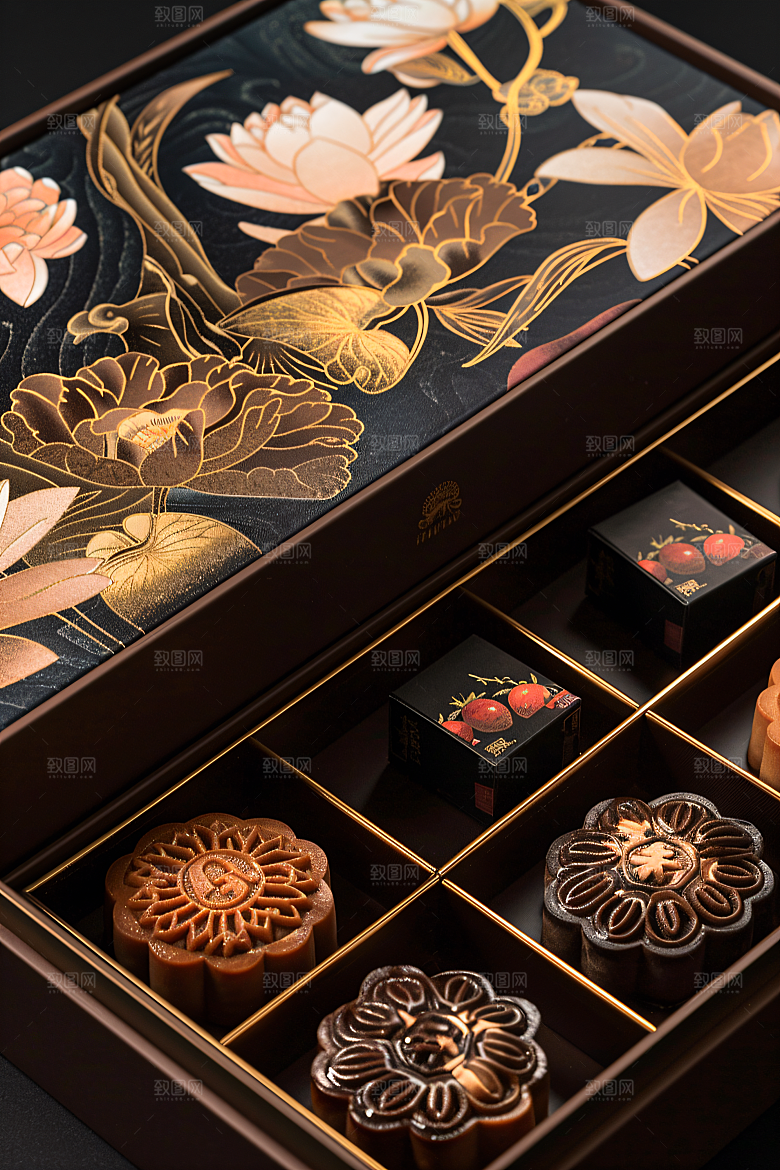 中秋月饼礼盒美食莲蓉月饼摄影图
