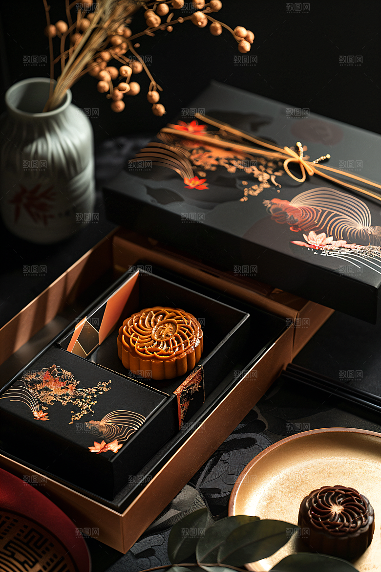 中秋月饼礼盒精致甜点摄影图