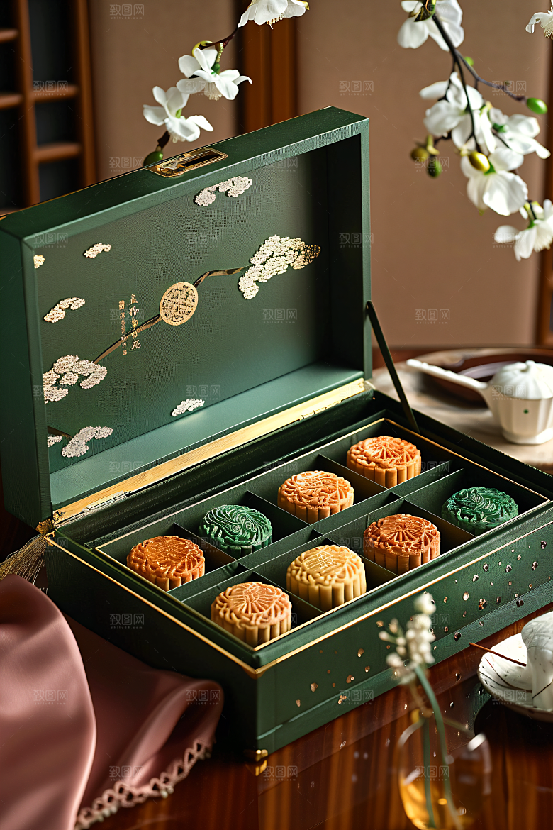 中秋月饼礼盒中秋节美味摄影图
