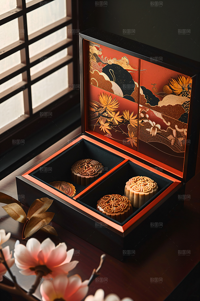 中秋月饼礼盒莲蓉月饼美食摄影图