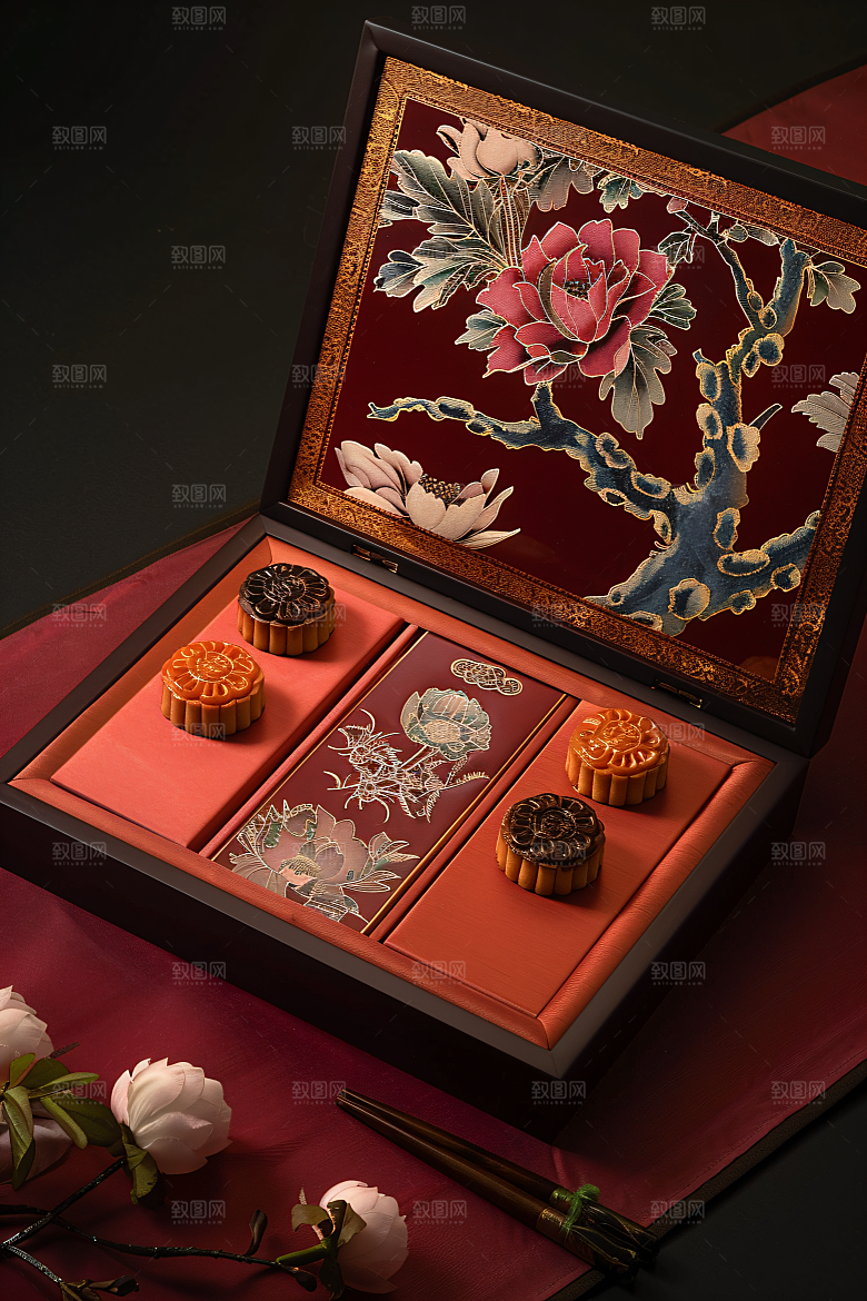 中秋月饼礼盒美味传统美食摄影图