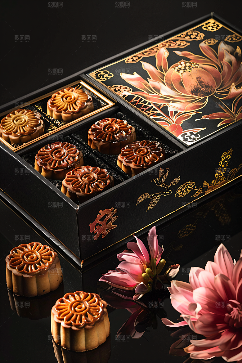 中秋月饼礼盒传统节日糕点摄影图