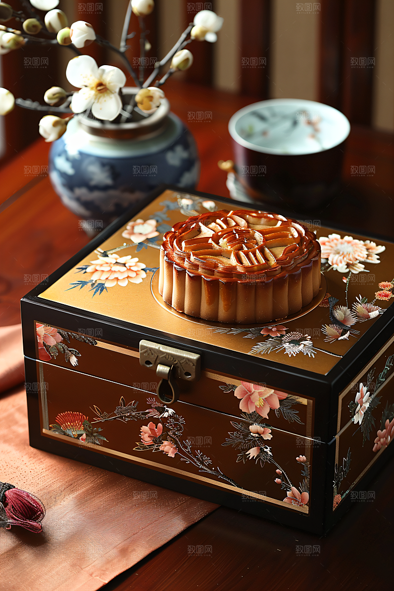 中秋月饼礼盒传统美食习俗摄影图