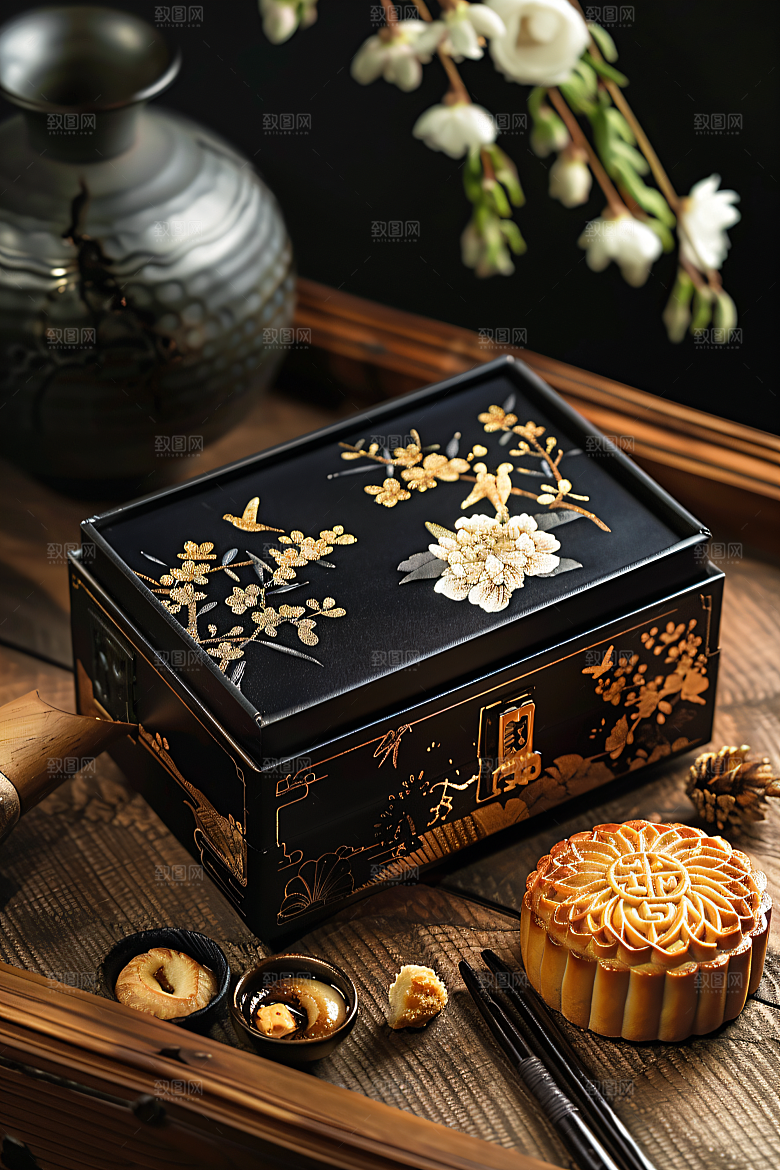 中秋月饼礼盒莲蓉月饼传统美食摄影图