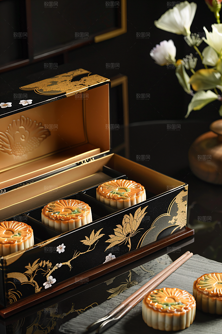 中秋月饼礼盒美食莲蓉月饼摄影图