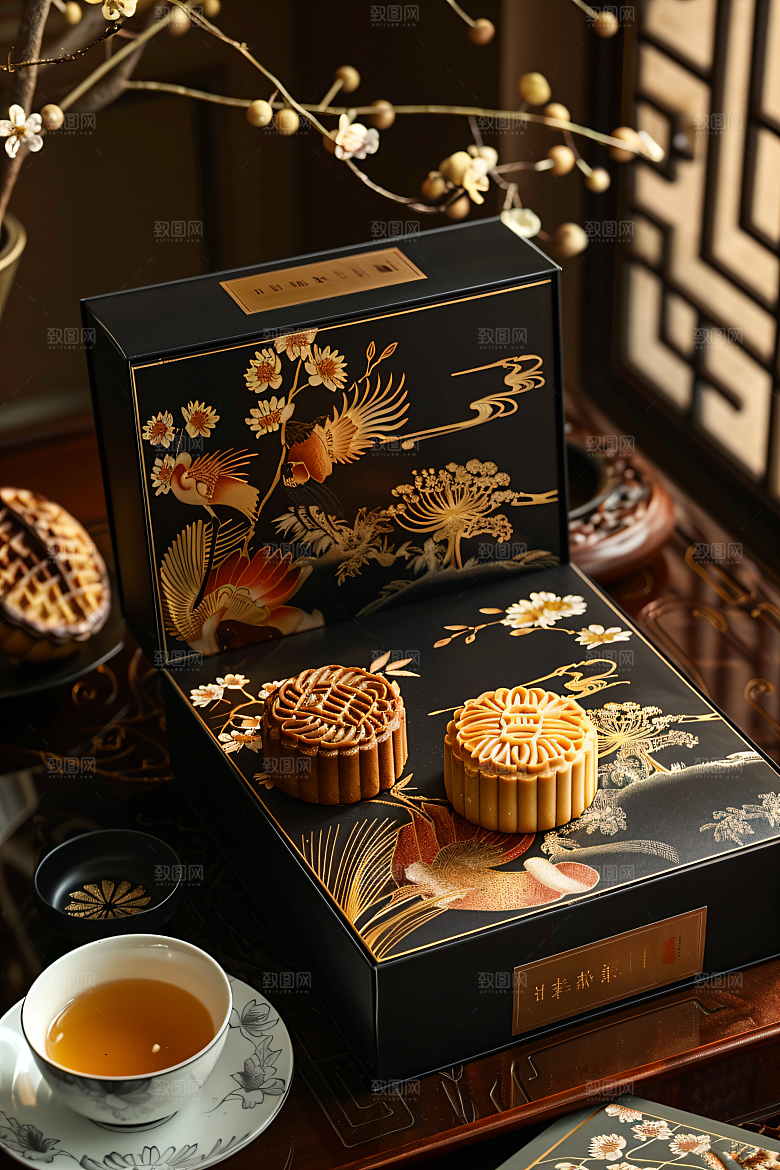 中秋月饼礼盒美味传统美食摄影图