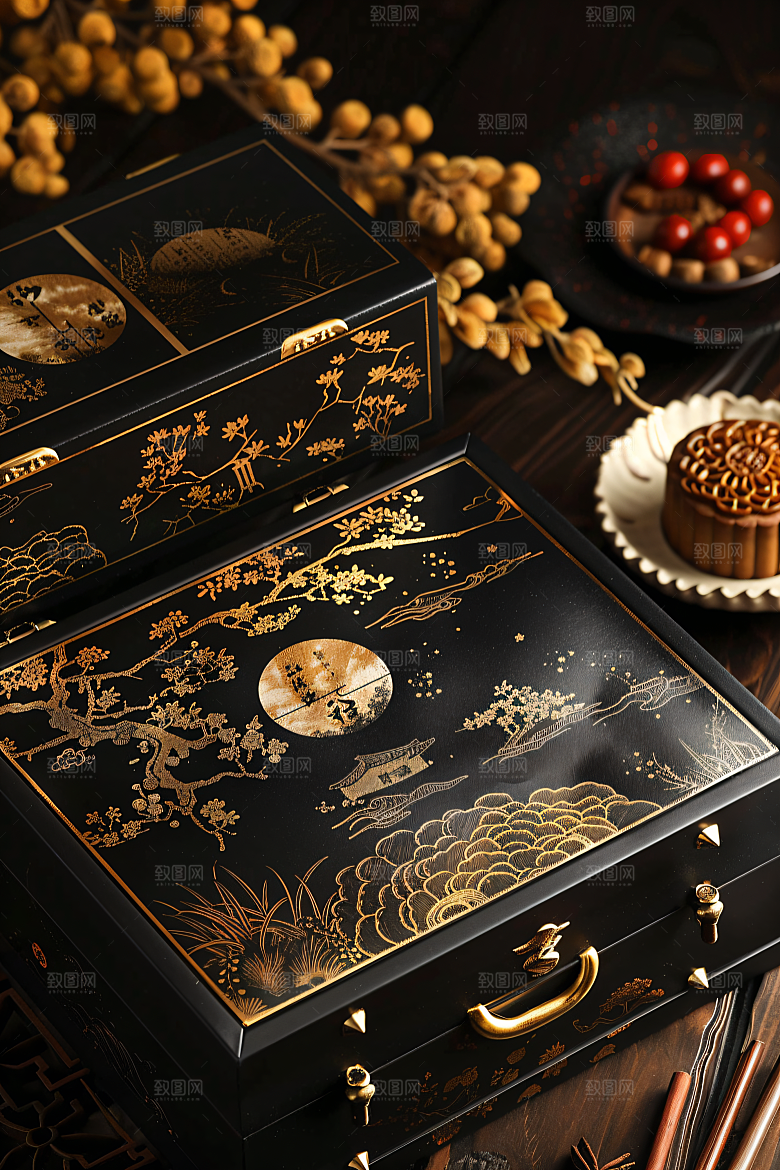 中秋月饼礼盒甜点广式月饼摄影图