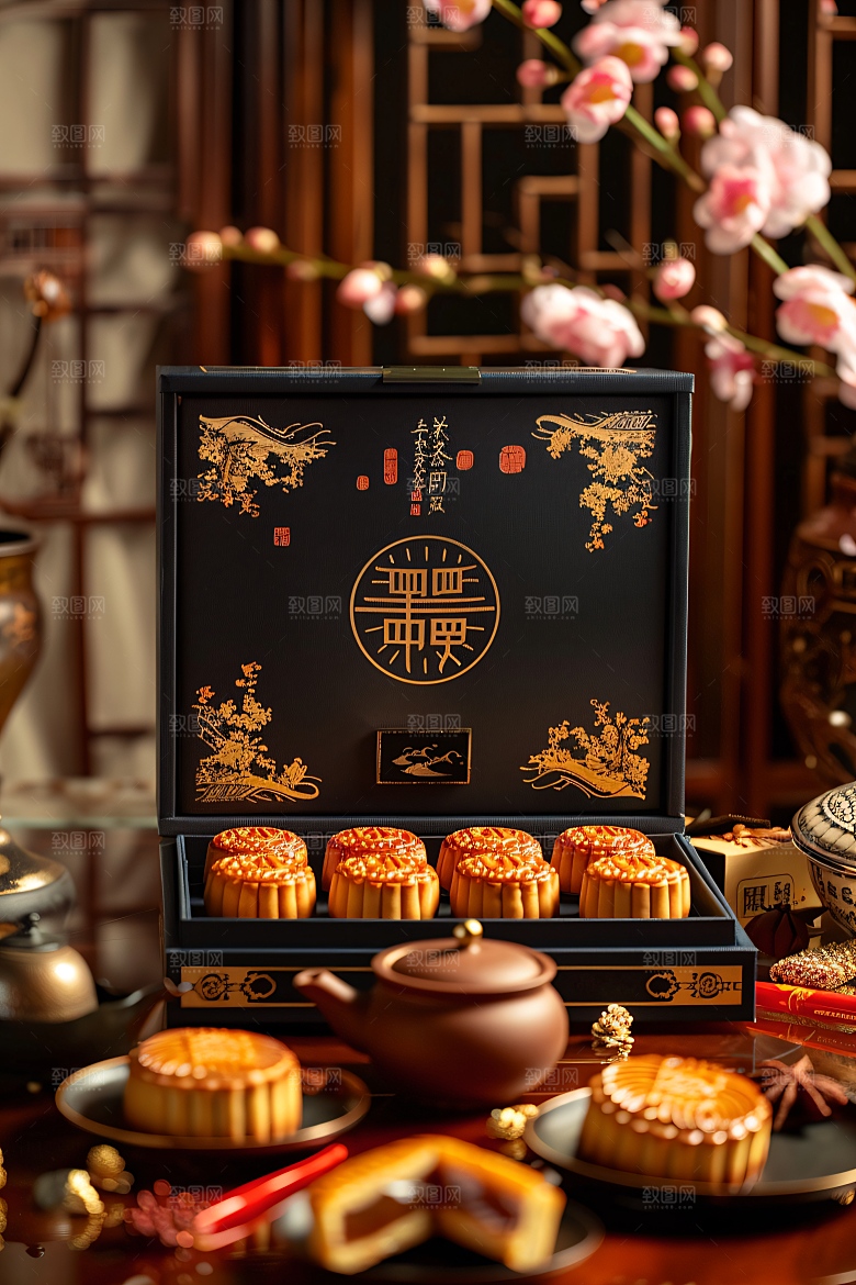 中秋月饼礼盒传统节日高清摄影图