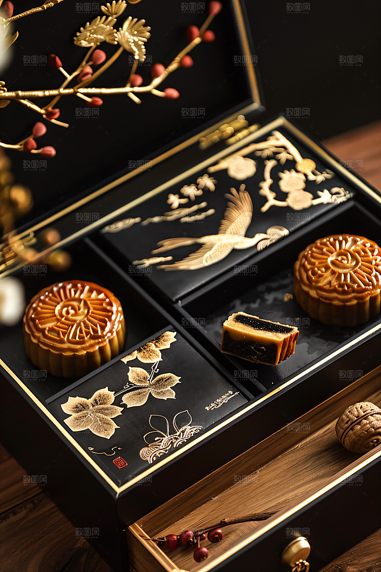 中秋月饼礼盒甜点传统美食摄影图
