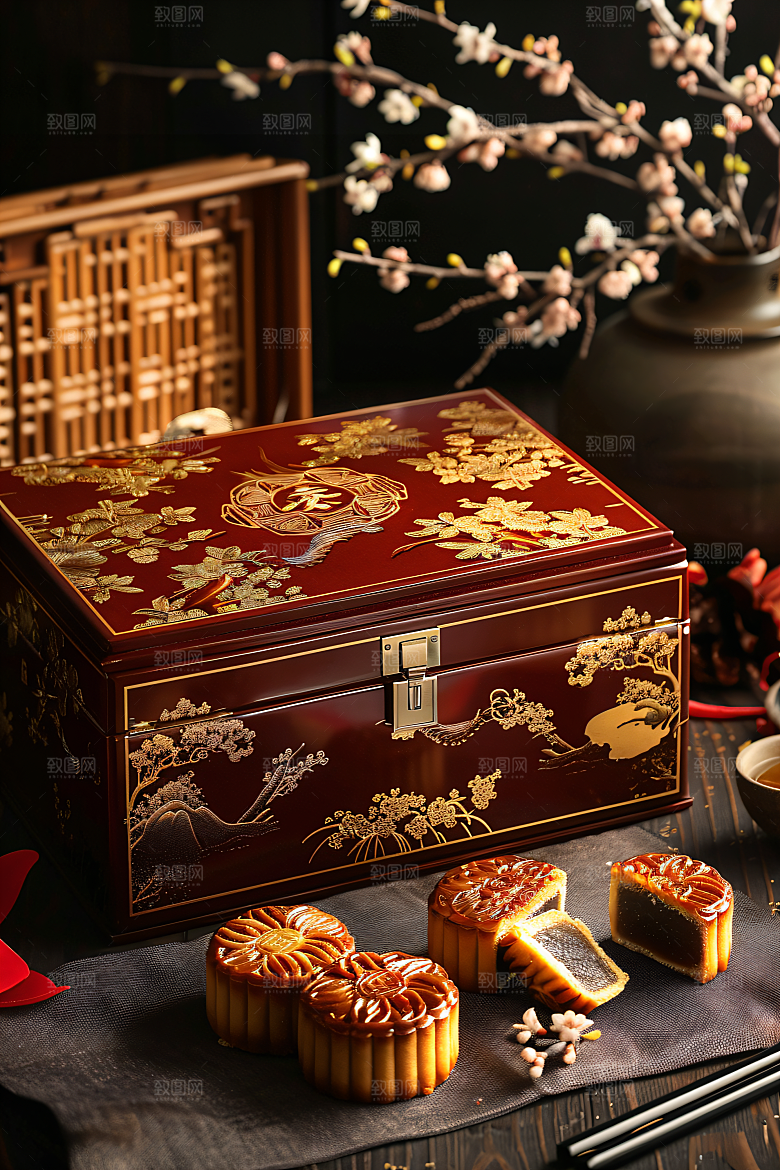 中秋月饼礼盒文化美食摄影图
