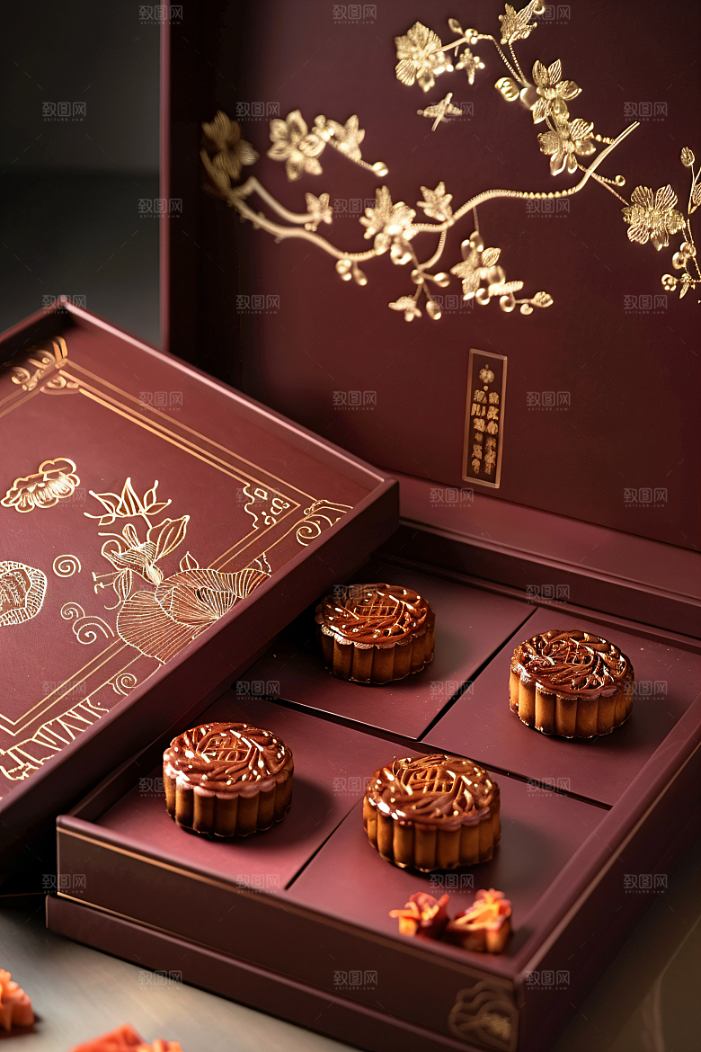 中秋月饼礼盒传统美食甜点摄影图