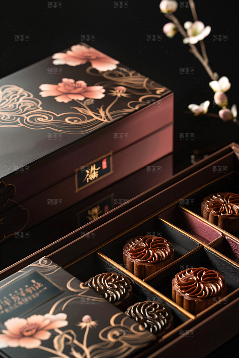 中秋月饼礼盒精致美味摄影图