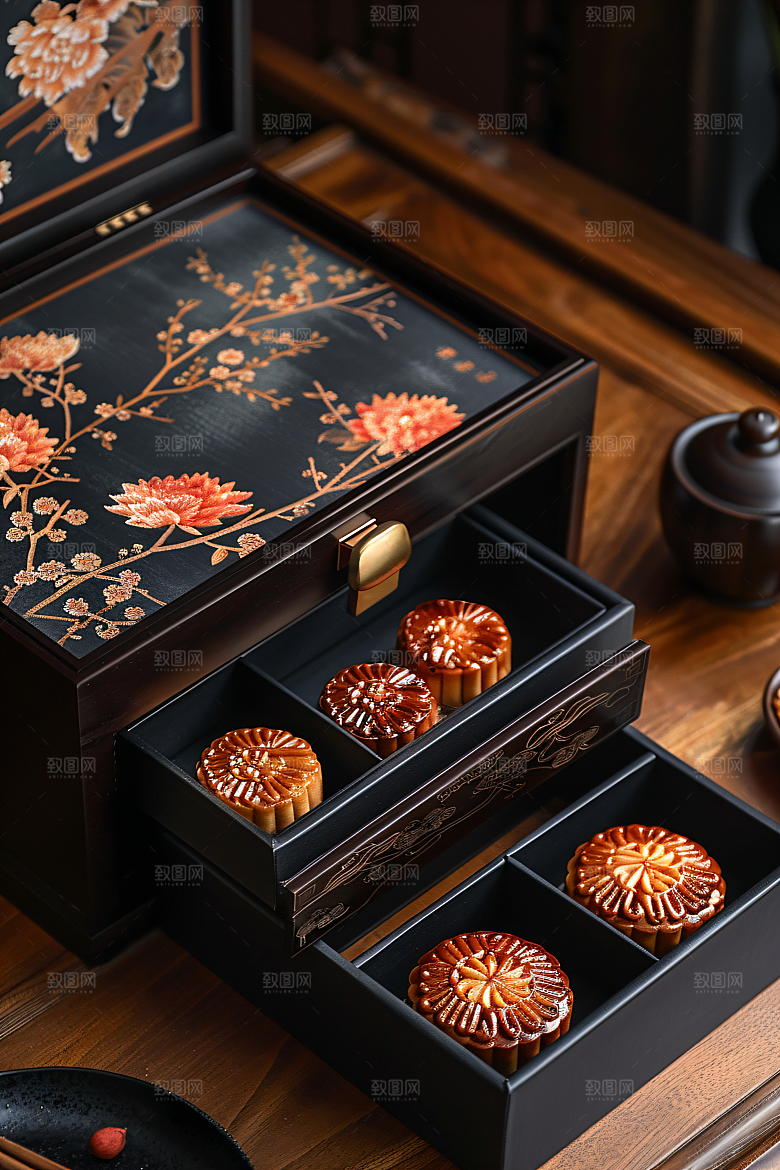 中秋月饼礼盒莲蓉月饼精致摄影图