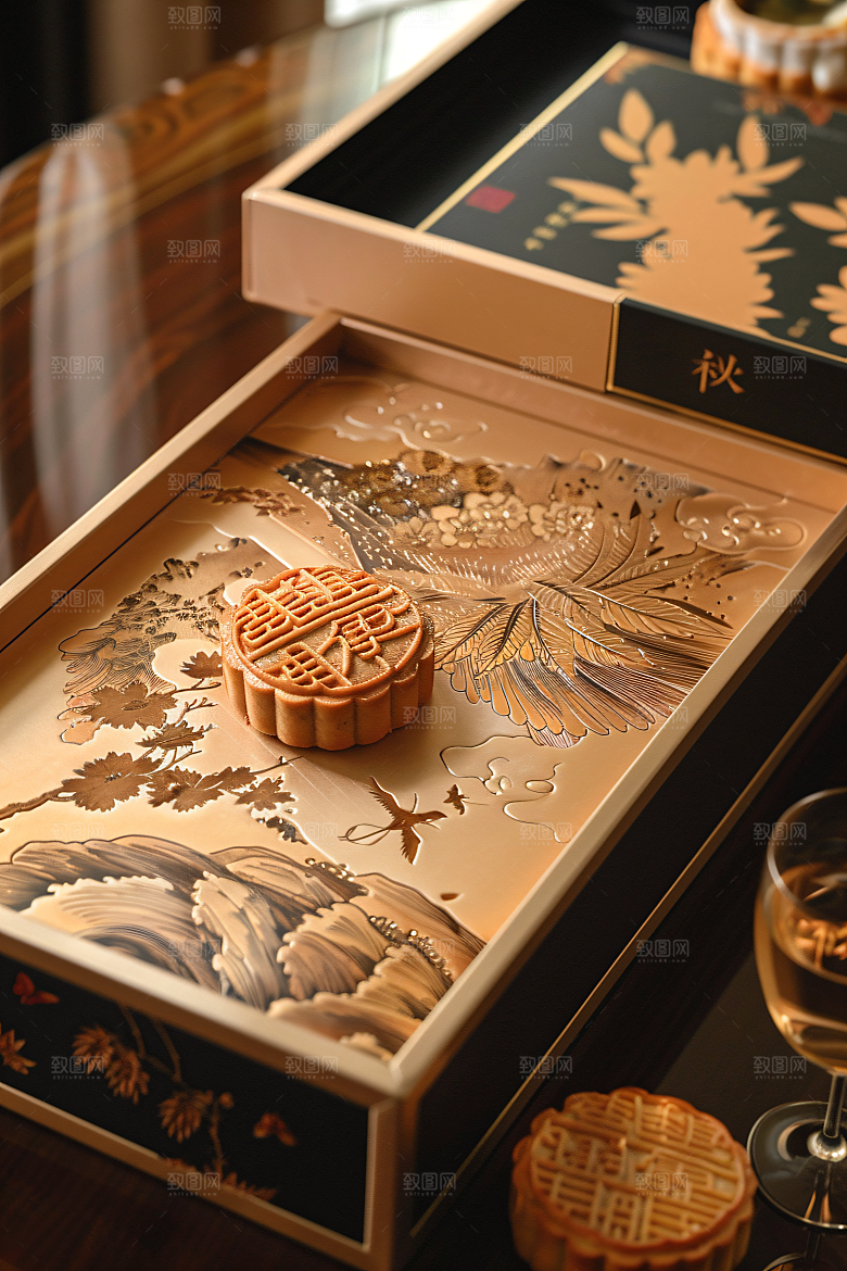 中秋月饼礼盒传统节日美味摄影图