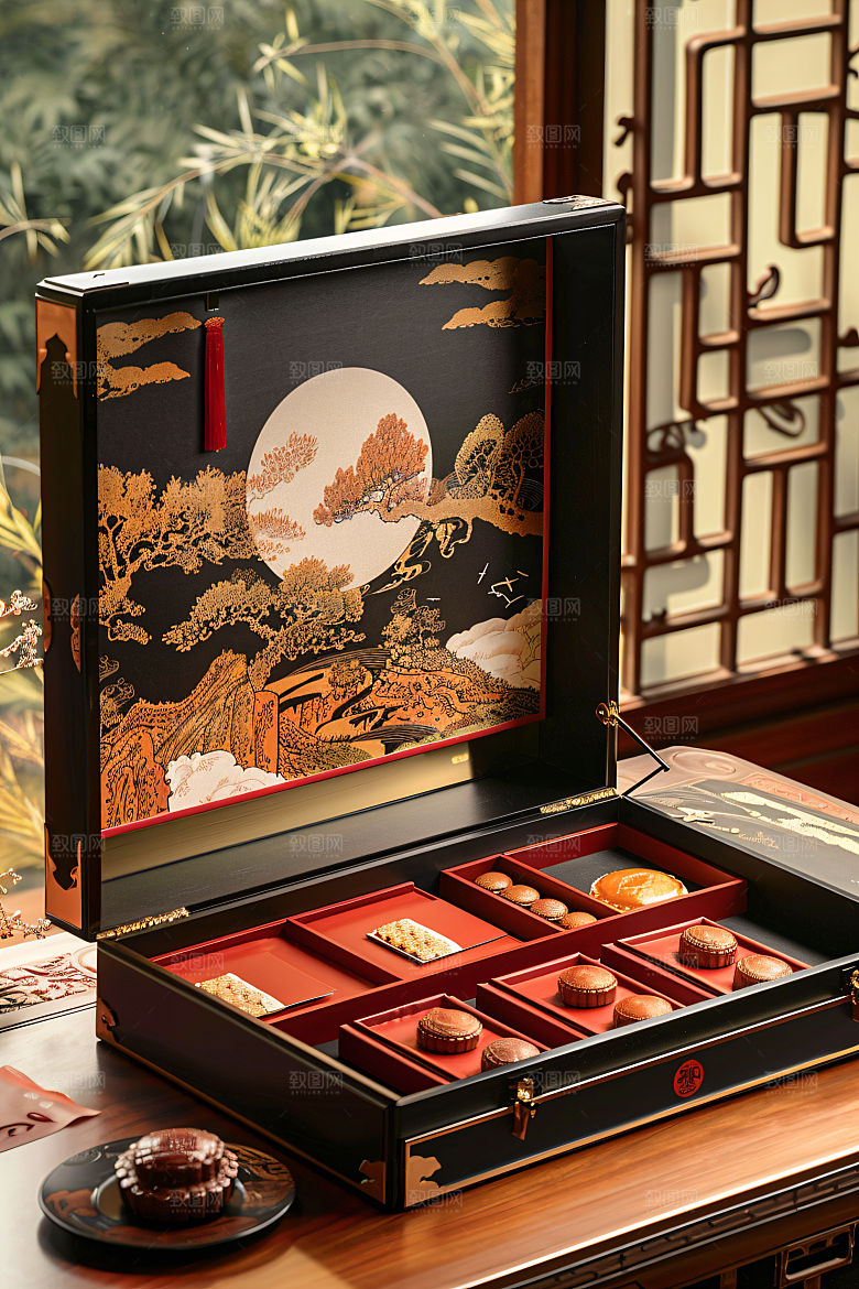 中秋月饼礼盒甜点精致摄影图