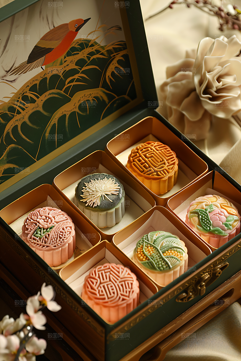 中秋月饼礼盒甜点传统美食摄影图