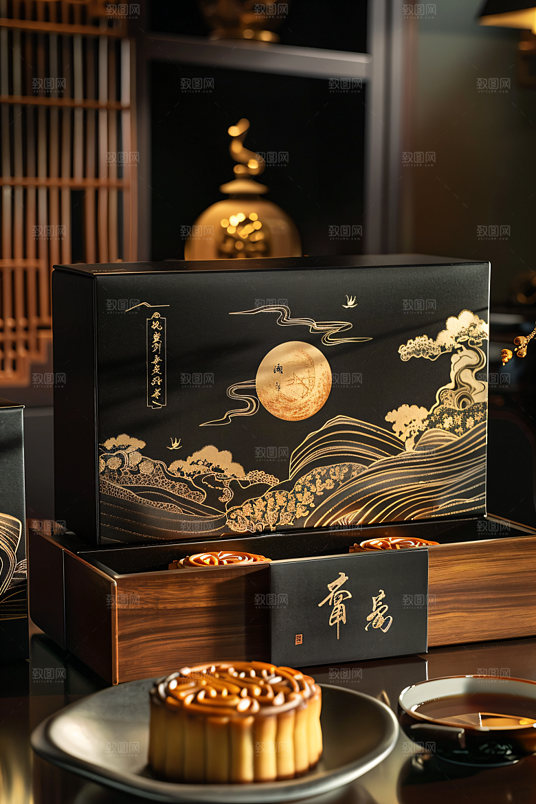 中秋月饼礼盒甜点中秋节摄影图