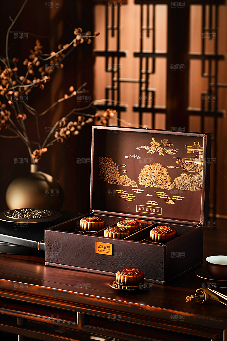 中秋月饼礼盒传统美食糕点摄影图