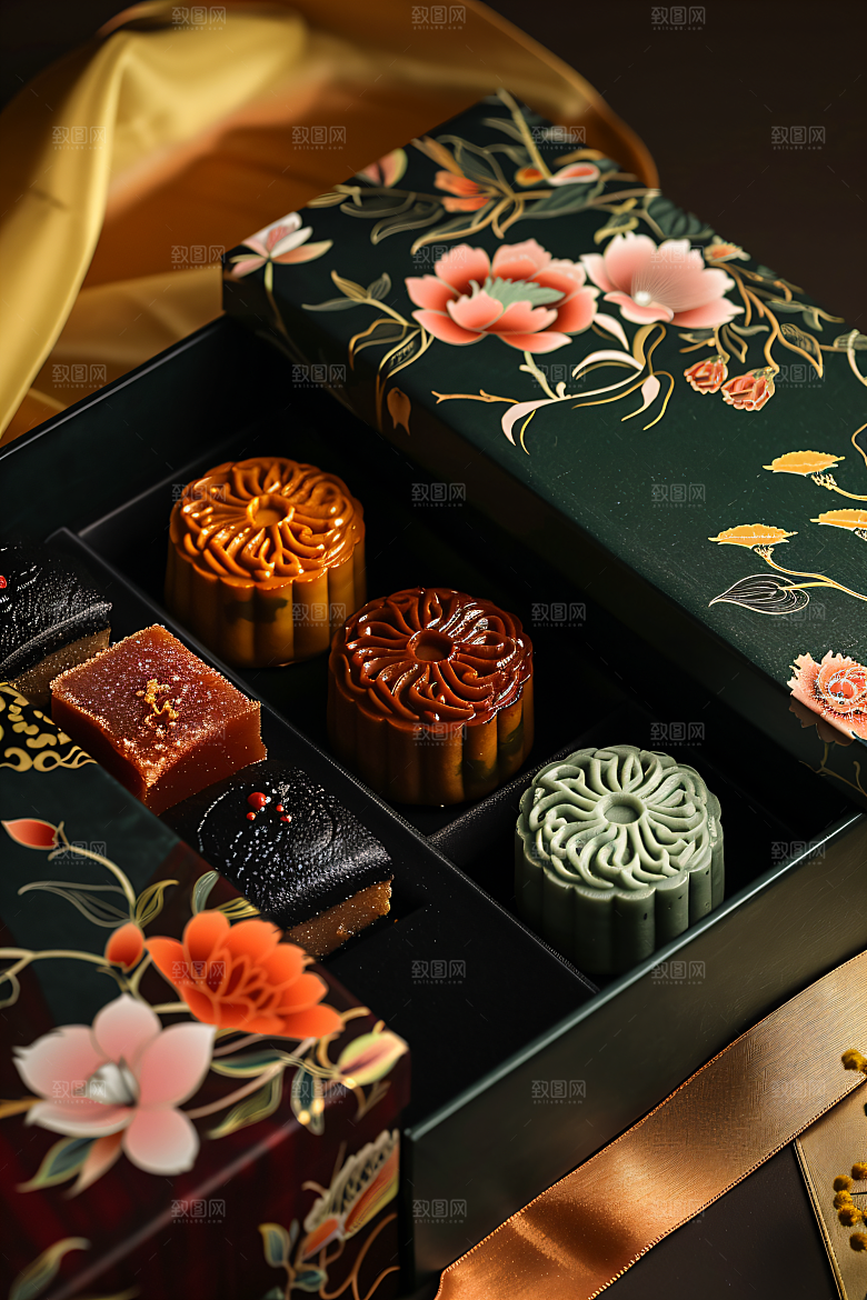 中秋月饼礼盒莲蓉月饼甜点摄影图