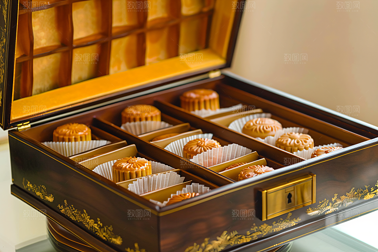 中秋月饼礼盒莲蓉月饼传统美食摄影图