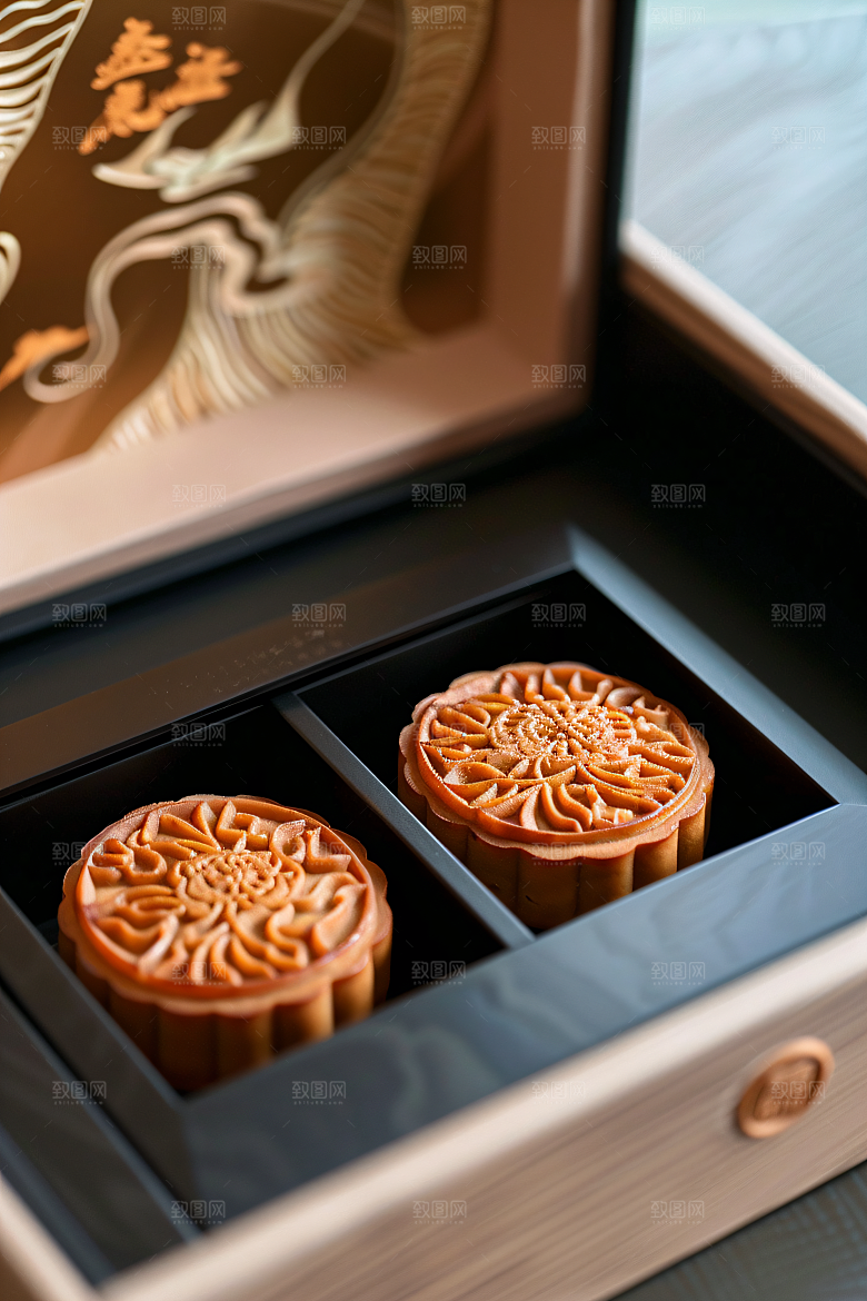 中秋月饼礼盒精致甜点摄影图