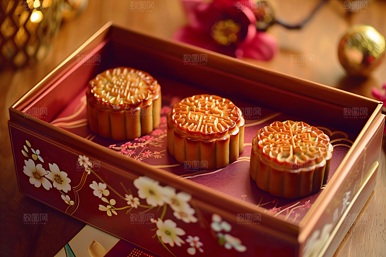 中秋月饼礼盒传统美食习俗摄影图