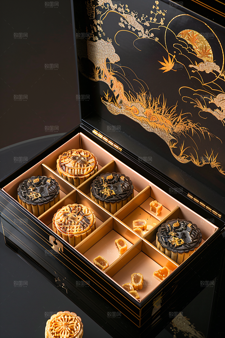 中秋月饼礼盒精致文化摄影图