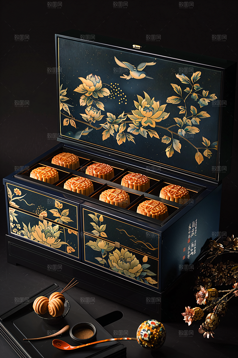 中秋月饼礼盒传统节日精致摄影图