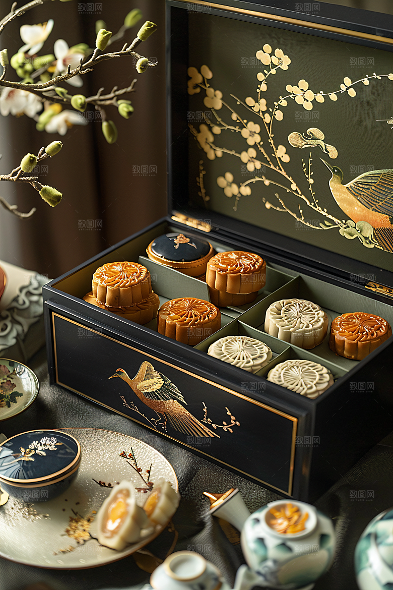 中秋月饼礼盒文化精致摄影图