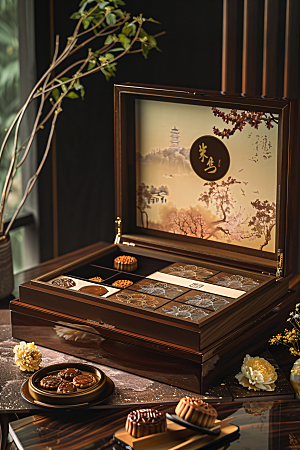 中秋月饼礼盒传统节日精致摄影图