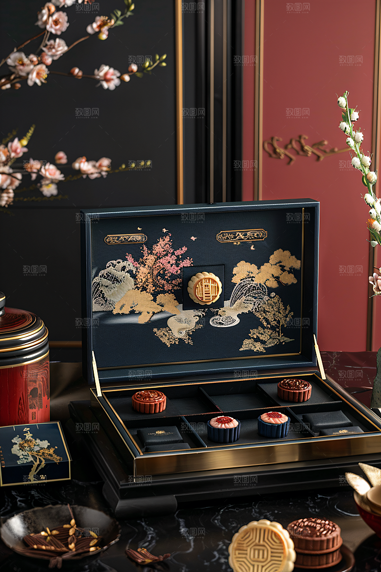 中秋月饼礼盒精致中秋节摄影图