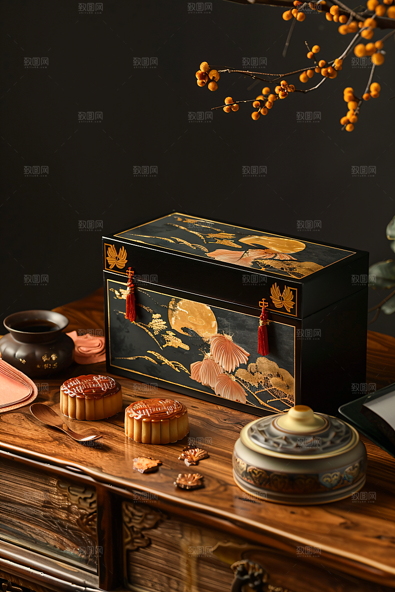 中秋月饼礼盒糕点广式月饼摄影图