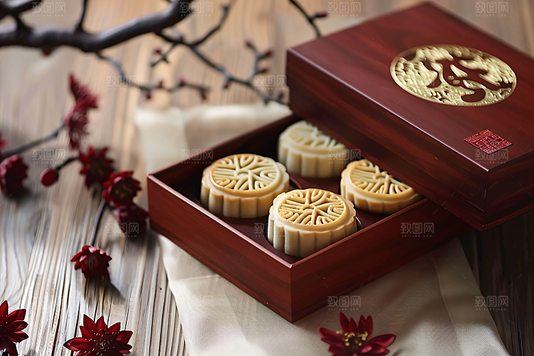 中秋月饼礼盒美味莲蓉月饼摄影图