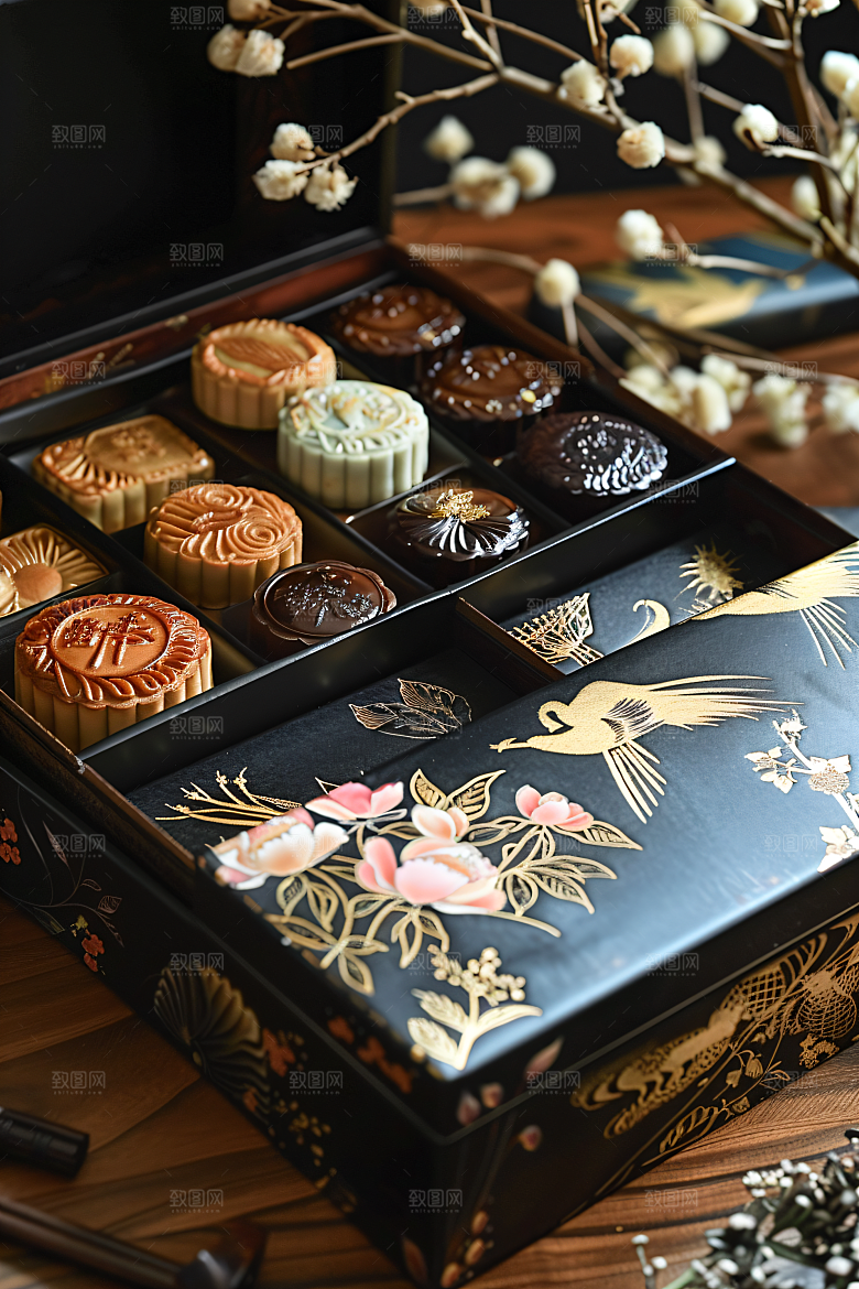 中秋月饼礼盒中秋节甜点摄影图