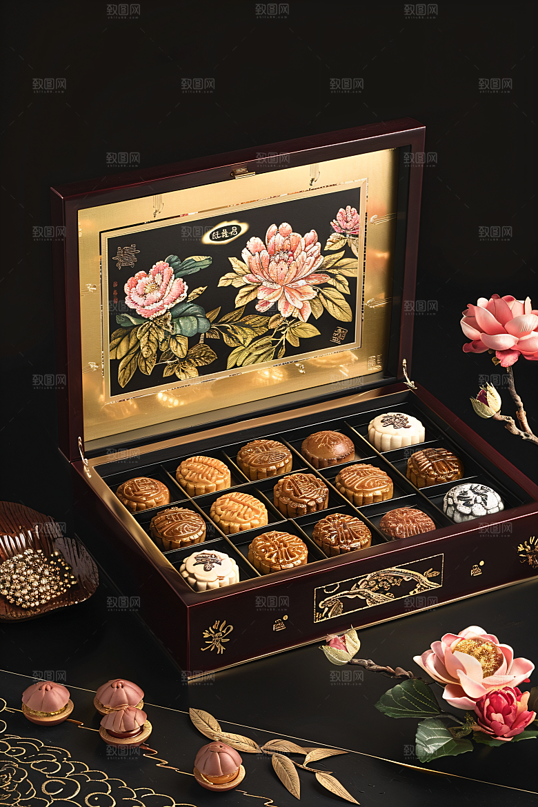 中秋月饼礼盒甜点文化摄影图