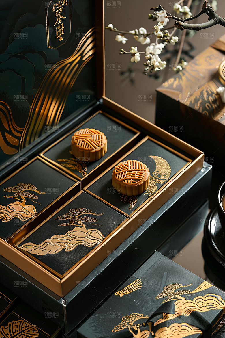 中秋月饼礼盒广式月饼糕点摄影图