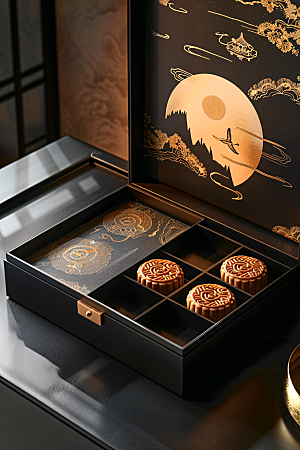 中秋月饼礼盒美味习俗摄影图