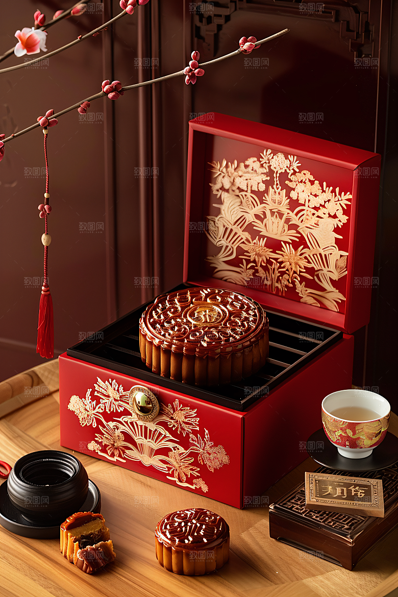 中秋月饼礼盒美食莲蓉月饼摄影图