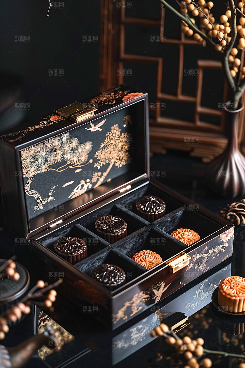 中秋月饼礼盒美食莲蓉月饼摄影图