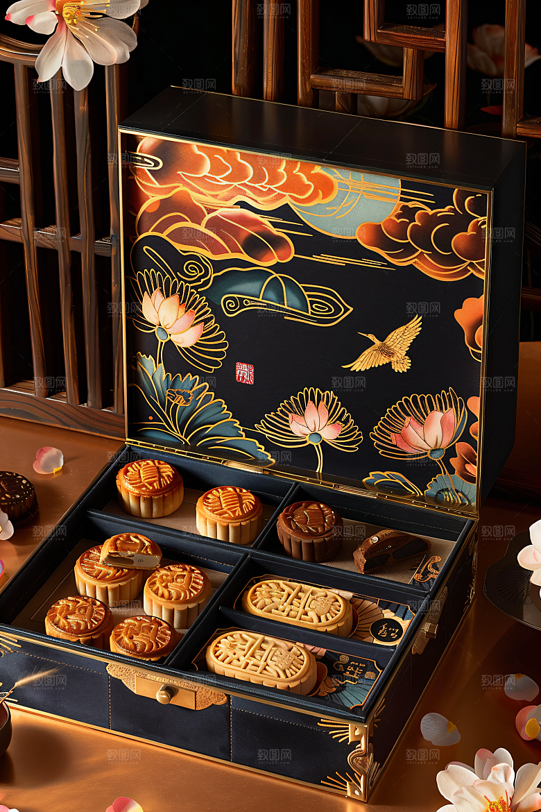 中秋月饼礼盒广式月饼美味摄影图