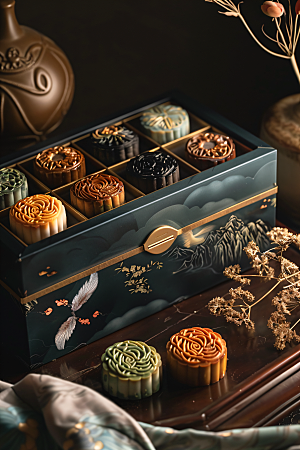 中秋月饼礼盒中秋节传统美食摄影图