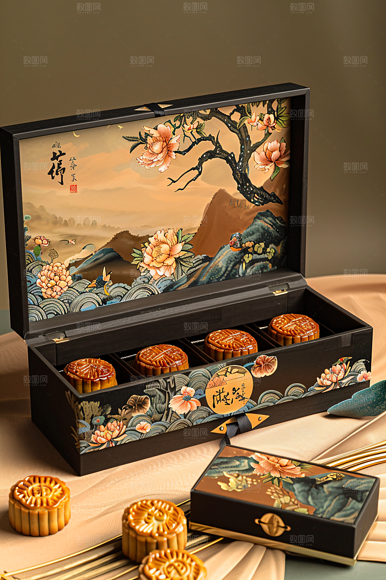 中秋月饼礼盒莲蓉月饼精致摄影图
