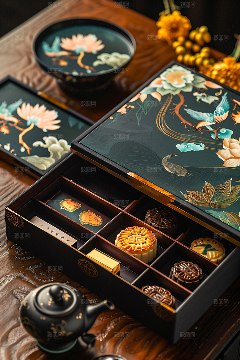 中秋月饼礼盒美味礼品摄影图